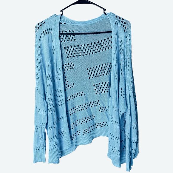 Women's Blue Open Knit Cardigan Open Front One Size Fits Most Boho Beachy - Picture 3 of 6